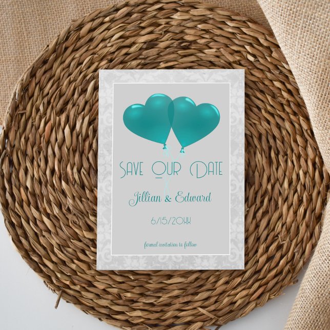 Anuncio Globos verde azulados del corazón salvan el anunci (Teal Heart Balloons Save the Date )