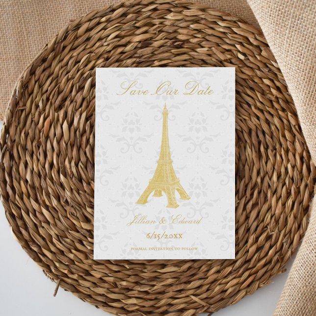 Anuncio Gold Eiffel Tower Damask Guardar La Fecha (Gold Eiffel Tower Damask Save the Date)