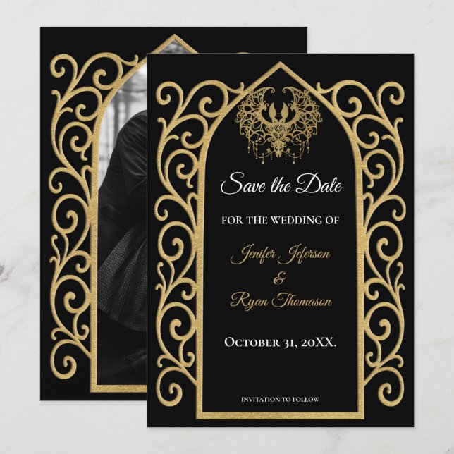 Anuncio Gothic border black and gold wedding save the date (Anverso / Reverso)