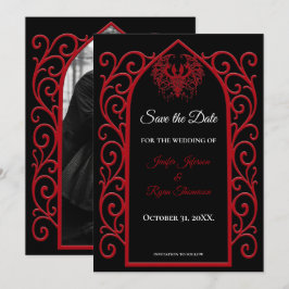 Anuncio Gothic border black and red wedding save the date