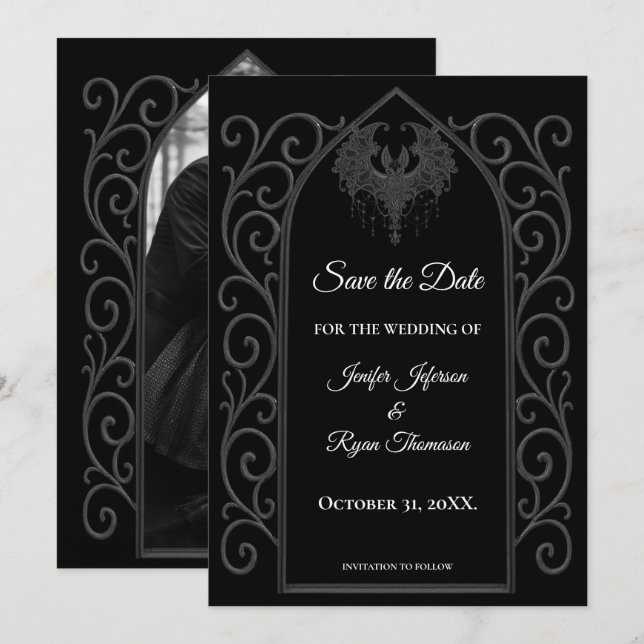 Anuncio Gothic border black and white wedding save the dat (Anverso / Reverso)