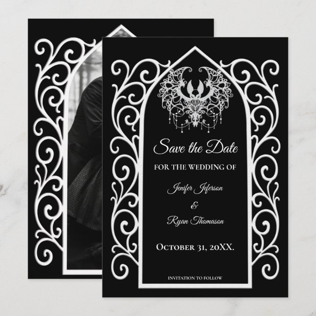 Anuncio Gothic border black and white wedding save the dat (Anverso / Reverso)