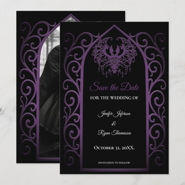 Anuncio Gothic purple border wedding save the dat (Anverso / Reverso)