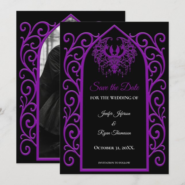 Anuncio Gothic purple border wedding save the dat (Anverso / Reverso)