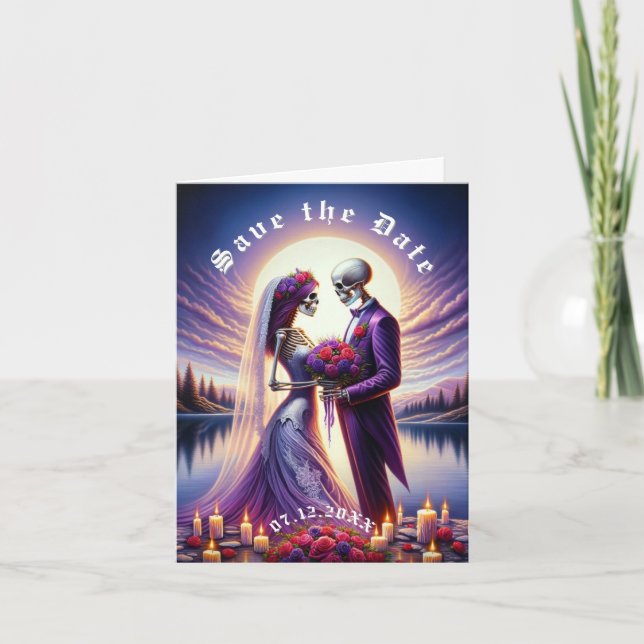 Anuncio Gothic Skeleton Couple Red Roses Save the Date (Anverso)