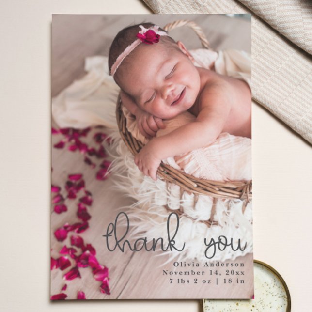 Anuncio Gracias por la caligrafía de guiones de fotos reci (Thank You Newborn Photos Script Calligraphy Announcement)
