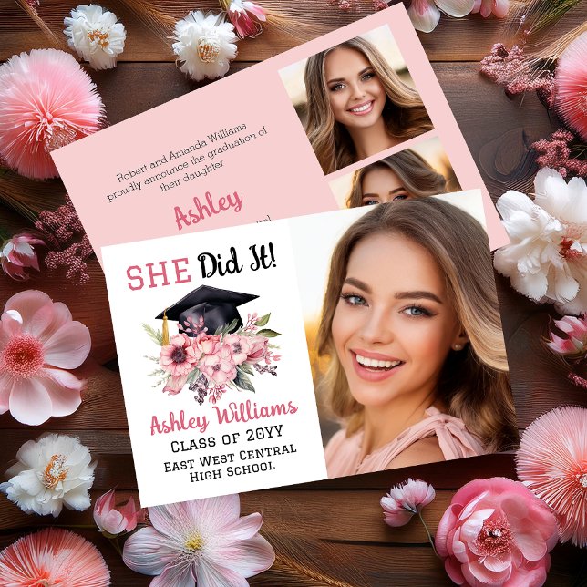 Anuncio Grad Cap y Pink Florals 3 Foto que lo hizo (Grad Cap and Pink Floral Swag Bouquet 3 Photo Collage "SHE Did It!" Graduation Announcement)