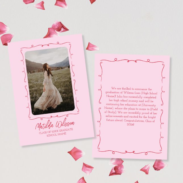 Anuncio Graduación 2024 de Moda roja y roja de mano (Hand Drawn Chic Pink & Red Photo 2024 Graduation Announcement)