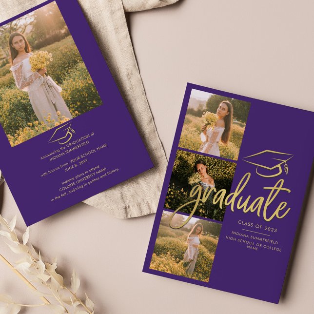Anuncio Graduación 2025 Fotos Grad Guión púrpura (Graduation 2024 Photo Collage Script Purple Grad Announcement)