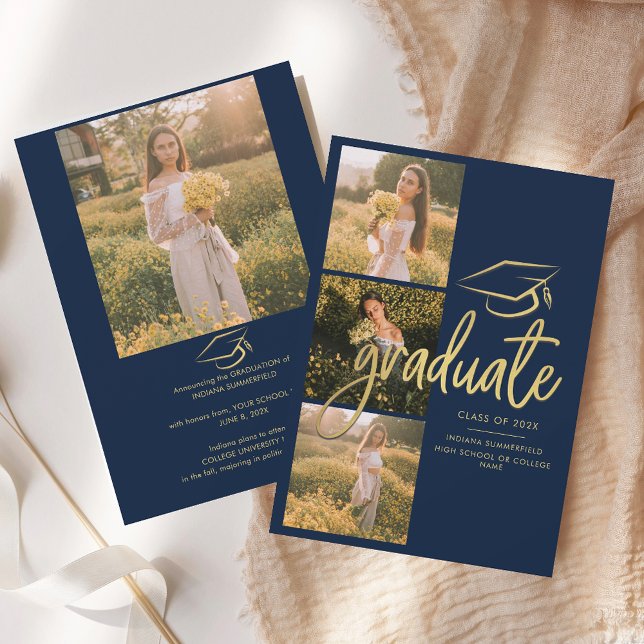 Anuncio Graduación 2025 Grad Photos Navy Blue Script (Graduation 2025 Photos Navy Blue Announcement)