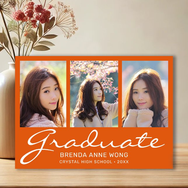 Anuncio Graduación 3 Collage de fotos Naranja de guiones b (Modern 3 Photo Orange with White Script Graduation Announcement)
