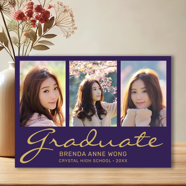 Anuncio Graduación 3 Fotografía Moderna Típografía Dorada  (Modern 3 Photo Purple with Gold Script Graduation Announcement)