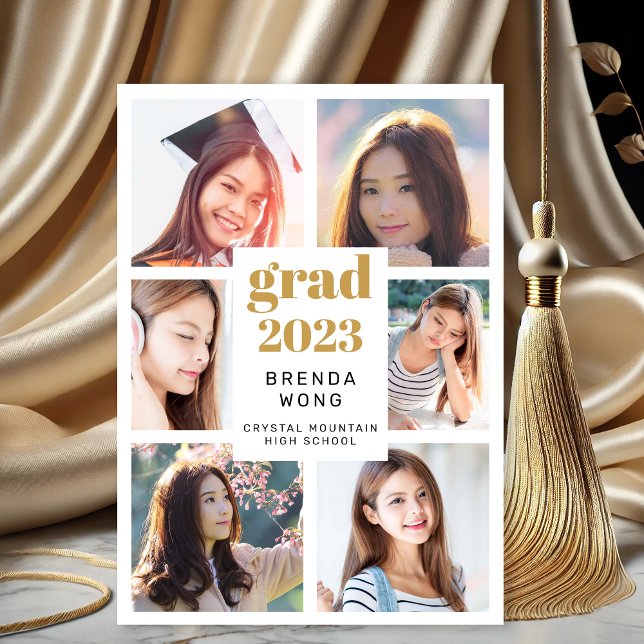 Anuncio Graduación 6 Collage de fotos Dorado Black Script  (Modern White Gold 6 photos Graduation Announcement)