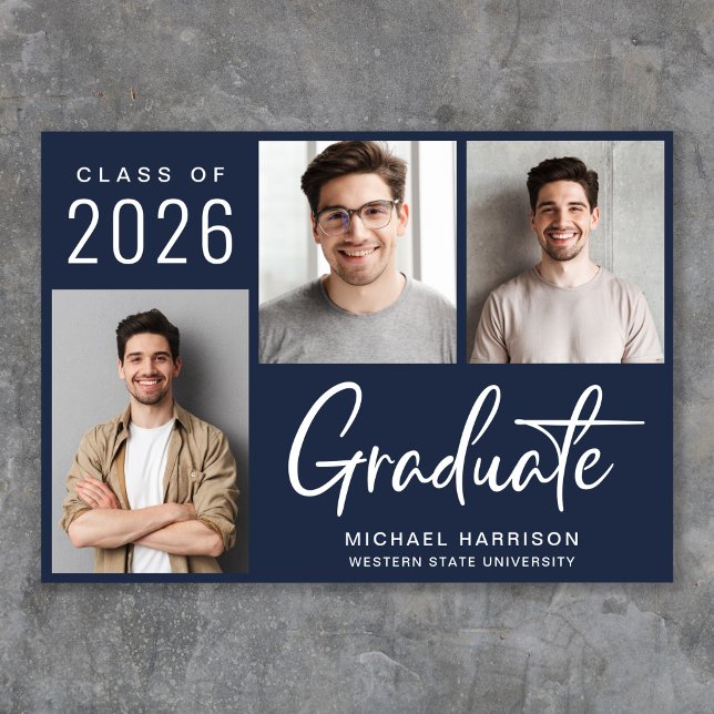 Anuncio Graduación azul de 3 guiones fotográficos modernos (Cherish the milestone: share your graduate's achievement with a custom photo graduation announcement)