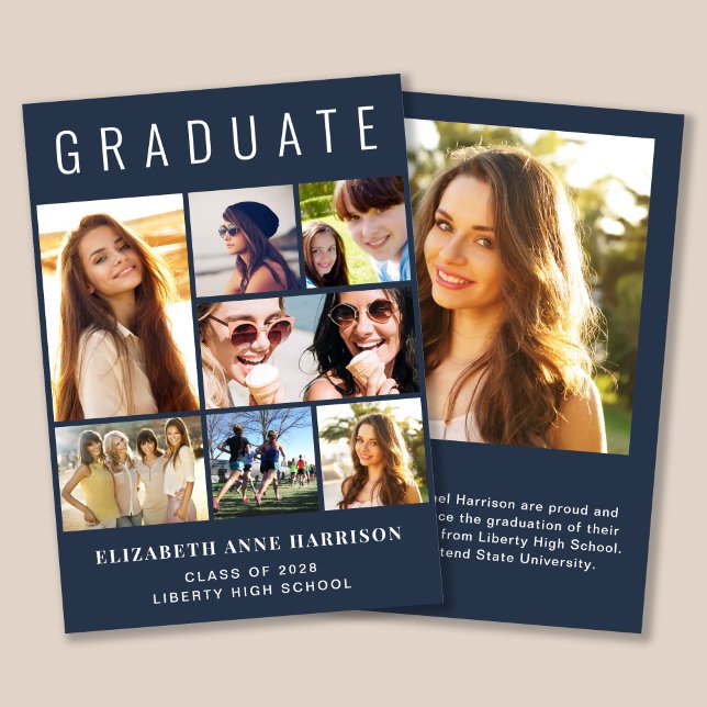 Anuncio Graduación azul de 7 Collages de fotos moderna (Cherish the milestone: share your graduate's achievement with a custom photo graduation announcement)