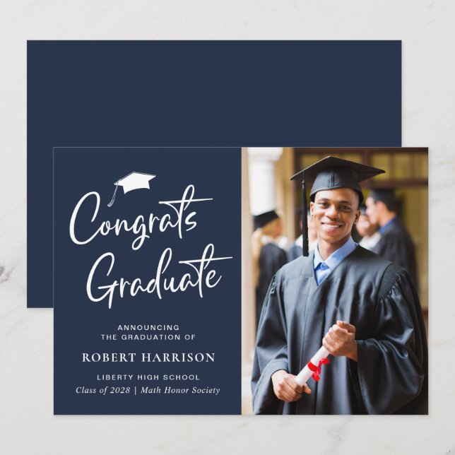 Anuncio Graduación azul del guión de la foto de los gradua (Anverso / Reverso)