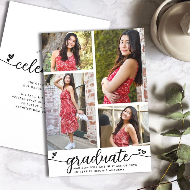 Anuncio Graduación Blanco Negro 4 Corazones Caligrafía Fot (Subido por el creador)