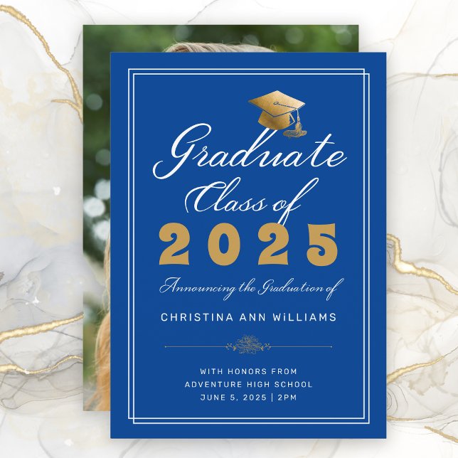 Anuncio Graduación Blue Gold Script Clase de fotografía de (Elegant White and Gold Script on Blue Graduation Announcement with Photo on back)