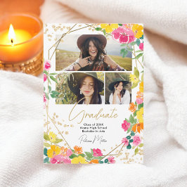 Anuncio Graduación Boho Floral Watercolor Gold de 3 fotos