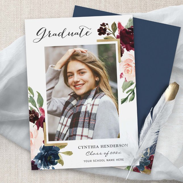 Anuncio Graduación Boho Navy Rubor Floral Botanical Senior (Subido por el creador)
