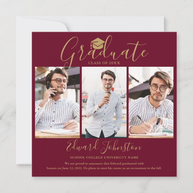 Anuncio Graduación Burgundy Gold Script Graduate 4 Foto (Anverso)