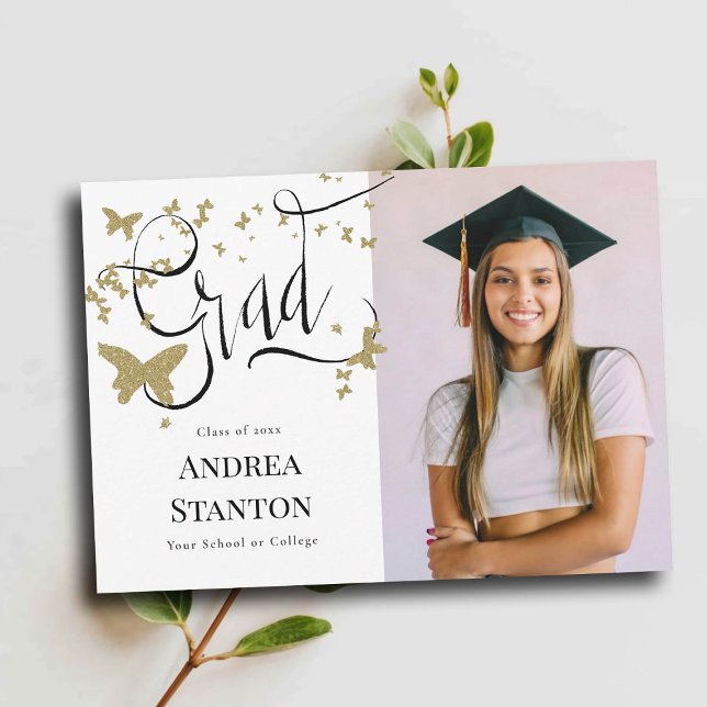 Anuncio Graduación Caligrafía de grado de mariposas de oro (graduation announcement grad handwritten calligraphy gold butterflies photo high school college)