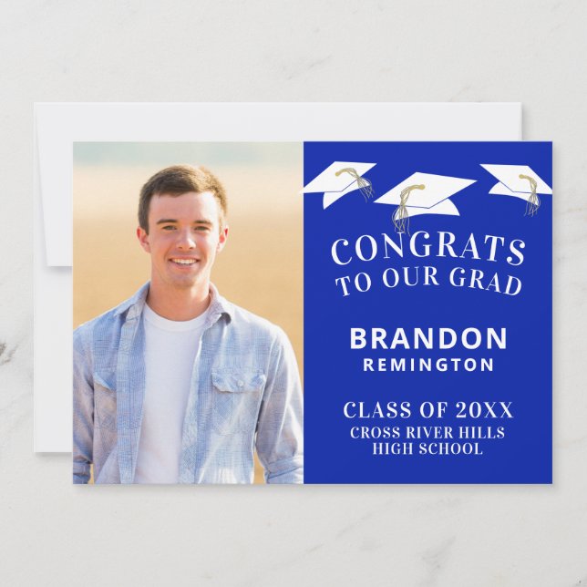 Anuncio Graduación Cap Toss Photo Royle Azul y Blanco (Anverso)