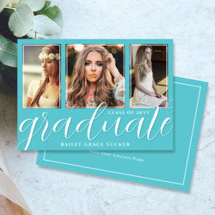 Anuncio Graduación de 3-Photo Turquoise con guión graduado