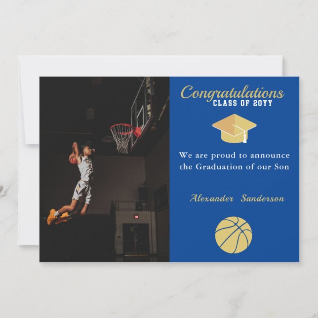 Anuncio Graduación de Baloncesto Blanco Azul y Dorado (Anverso)