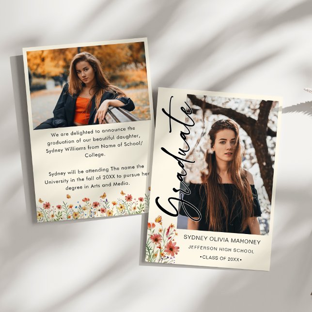Anuncio Graduación de Boho Wildflower 2 fotos (Boho Watercolor Graduation Announcement – 2 Photo Collage, Wildflowers & Butterflies – Whimsical)