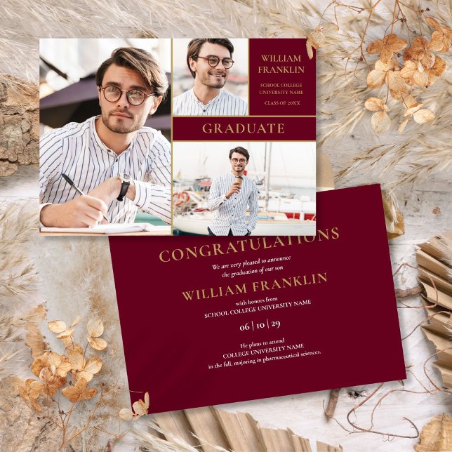 Anuncio Graduación de Borgoña Graduado de Oro 3 Collage de (Burgundy Graduate Gold 3 Photo Collage Graduation Announcement)