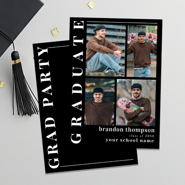 Anuncio Graduación de Collage de fotos moderno en blanco y (Black and white photo collage template invitation. )
