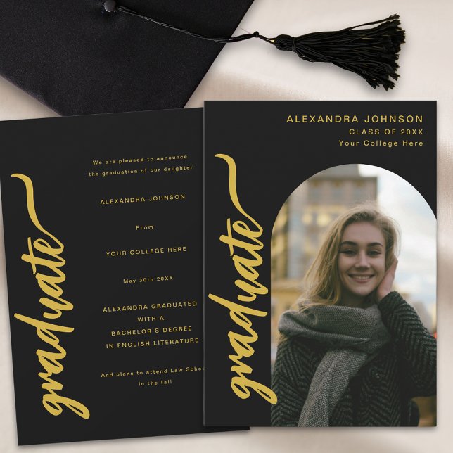 Anuncio Graduación de escritura Arch Photo Black and Gold  (Arch graduate photo black and gold modern script graduation announcement card)