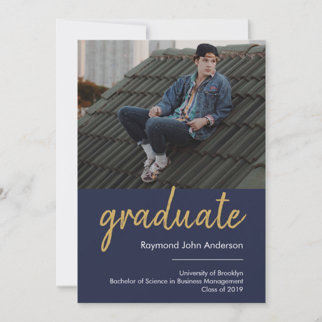 Anuncio Graduación de escritura formal de oro azul (Anverso)
