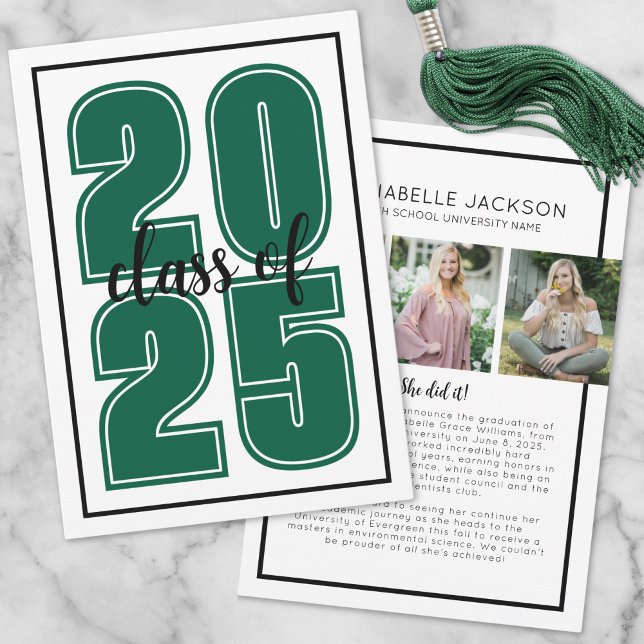 Anuncio Graduación de escritura simple foto Graduación ver (Simple Script Graduate Photo Green Graduation Announcement)