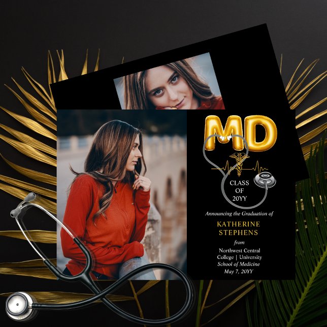 Anuncio Graduación de estetioscopio de las letras de globo (Balloon Letters "MD" Caduceus Stethoscope Doctor | Physician Graduation Announcement Print | Digital)