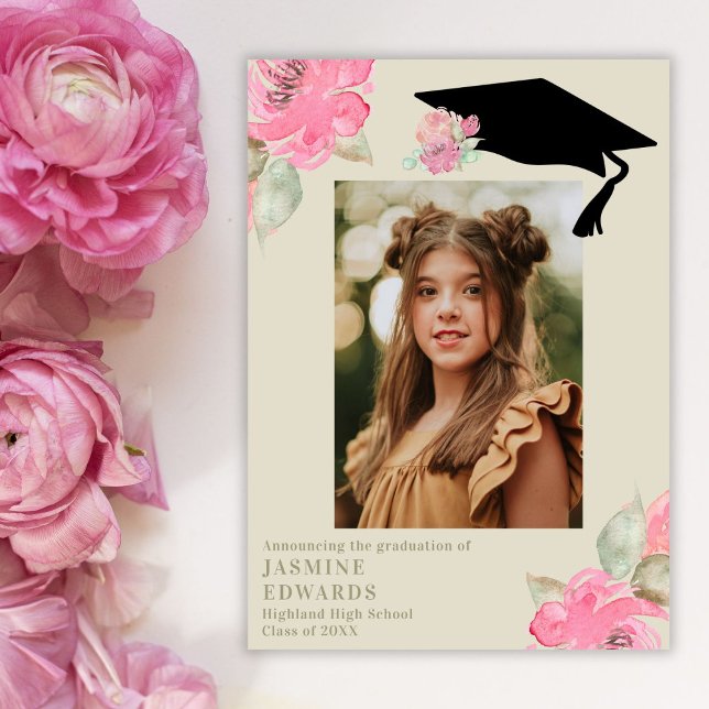 Anuncio Graduación De Foto Del Chica Floral Rosa (Subido por el creador)