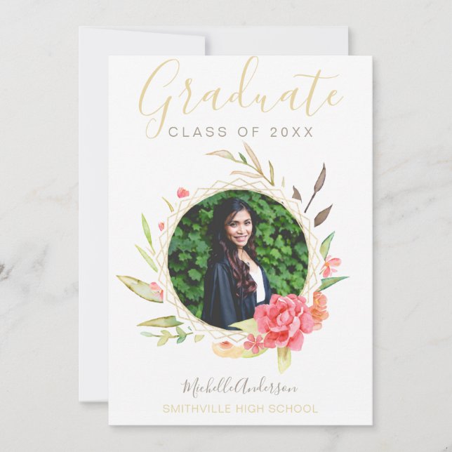 Anuncio Graduación de fotografía acuarela floral de oro (Anverso)
