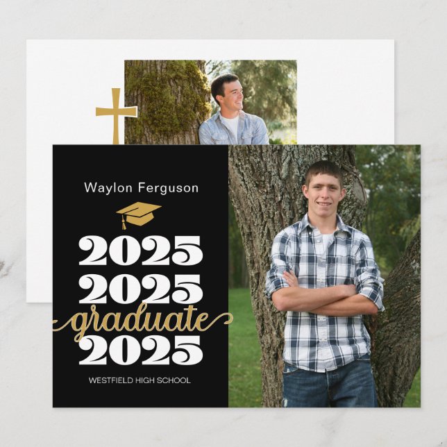 Anuncio Graduación de fotografía cristiana de oro negro en (Anverso / Reverso)