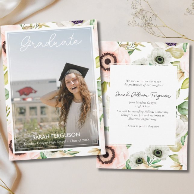 Anuncio Graduación de fotografía floral acuarela Anemones (Floral Graduation Announcement)