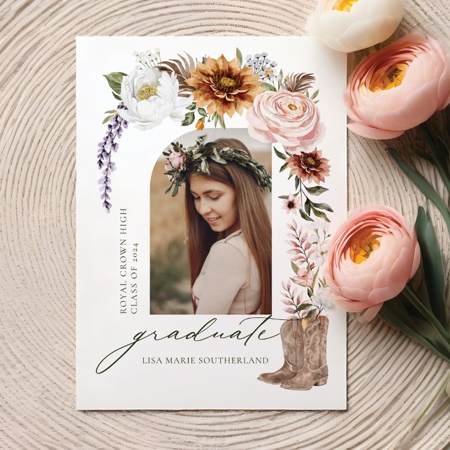 Anuncio Graduación de fotografía occidental de Boho Cowgir (Boho Cowgirl Country Western Photo Graduation Announcement Front)