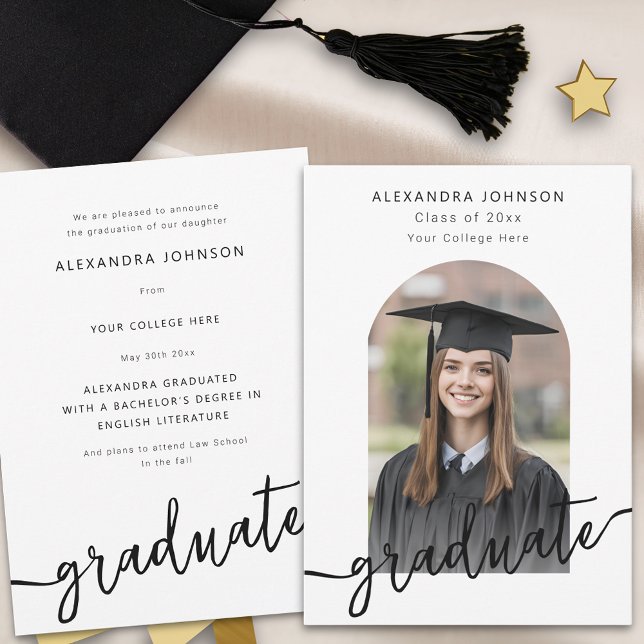 Anuncio Graduación de fotos de arte de escritura moderna (Modern elegant arch photo graduation announcement card with stylish script )