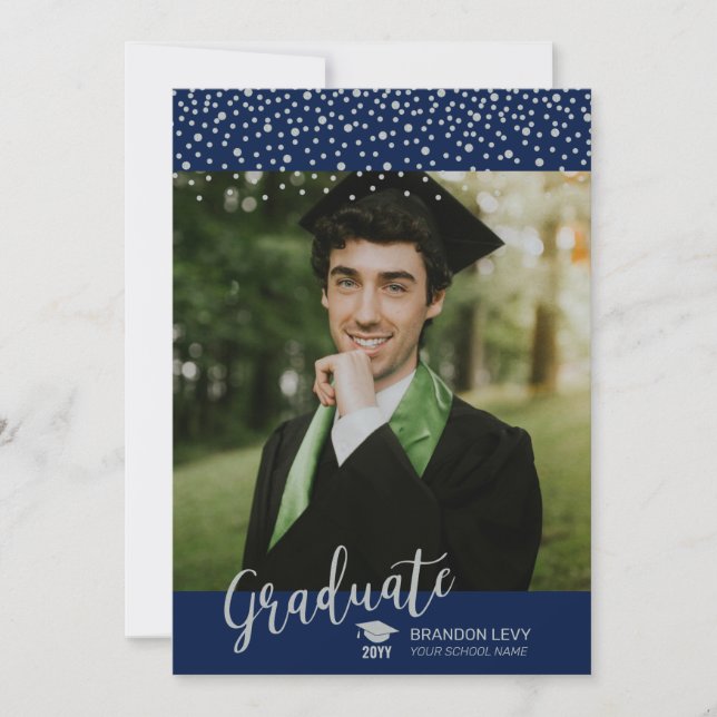 Anuncio Graduación de fotos de Confetti azul de plata y ma (Anverso)