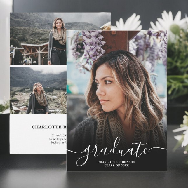 Anuncio Graduación de fotos de graduados en blanco y negro (Black and white graduate script photos graduation announcement)