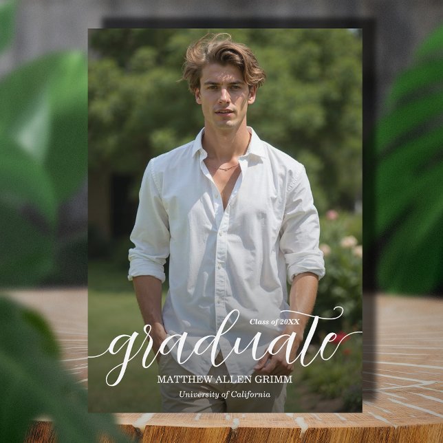 Anuncio Graduación de fotos de sobreimpresión de guión mod (Elegant white script photo graduation announcements,  PRINTED and/or INSTANT DOWNLOAD)