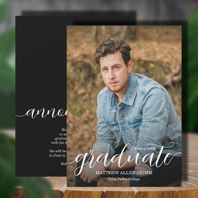 Anuncio Graduación de fotos de superposición de guión de m (Trendy script overlay photo graduation announcements, PRINTED and/or INSTANT DOWNLOAD)