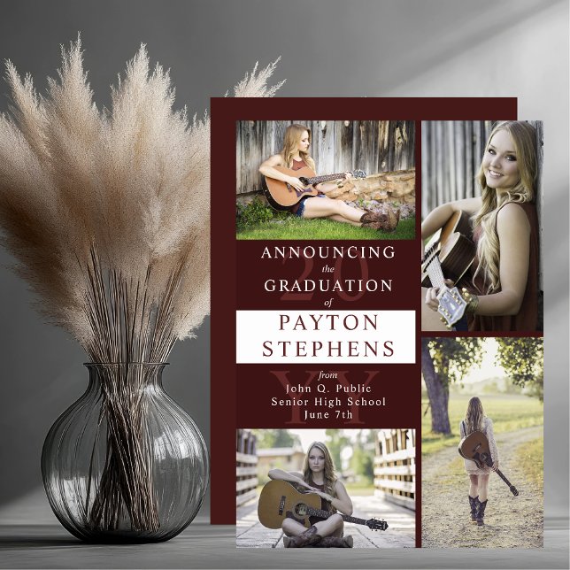 Anuncio Graduación de fotos maroon moderna y elegante (Classy Modern Maroon Four Photo Collage High School Graduation Announcement - Print | Download)