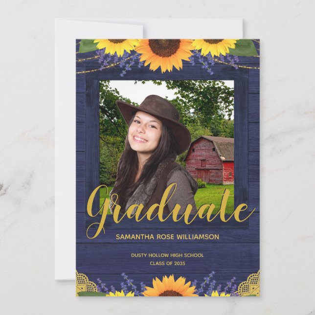 Anuncio Graduación de fotos Rustic Sunflower Blue and Gold (Anverso)