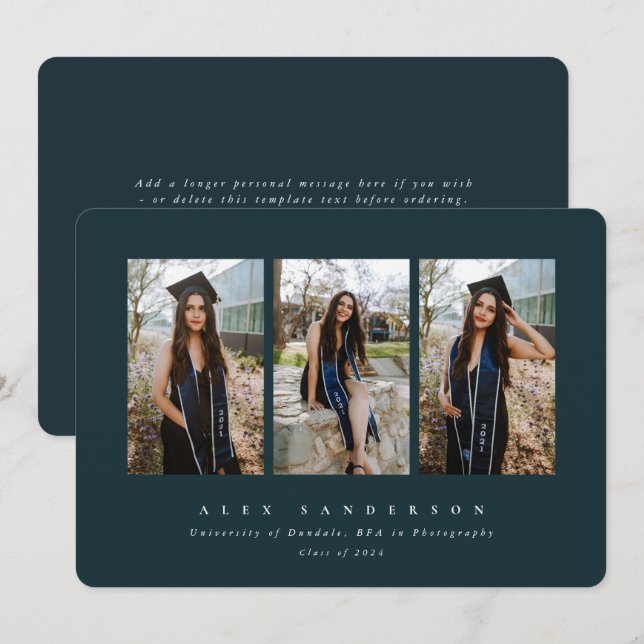 Anuncio Graduación de fotos triples de color oscuro verde  (Anverso / Reverso)