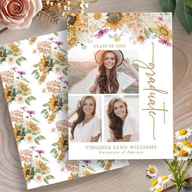 Anuncio Graduación de Girasoles (Sunflower Photo Collage Graduation Announcement by Painted Paperie
)